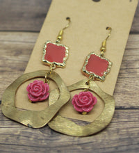 Load image into Gallery viewer, Pink stained glass with gold stamp and rose dangle

