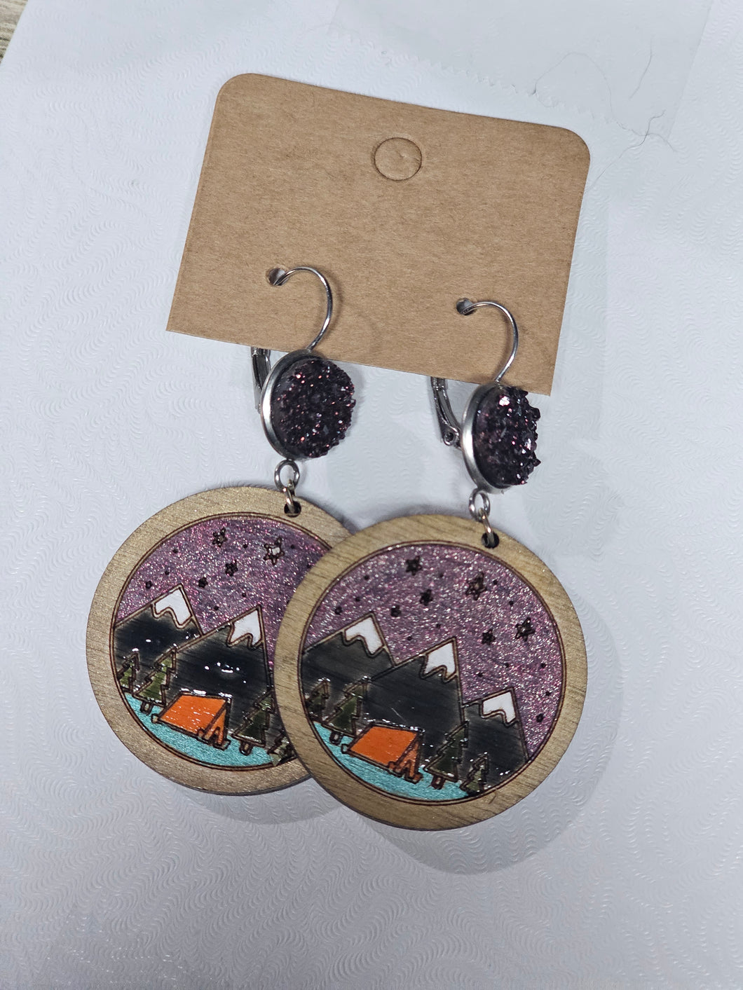 Painted wood mountain scene with druzy lever back