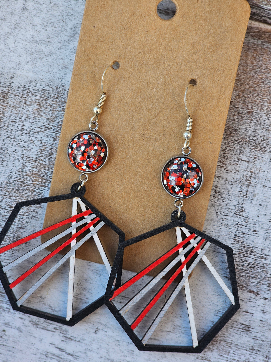 Red, silver, white hexagon painted wood