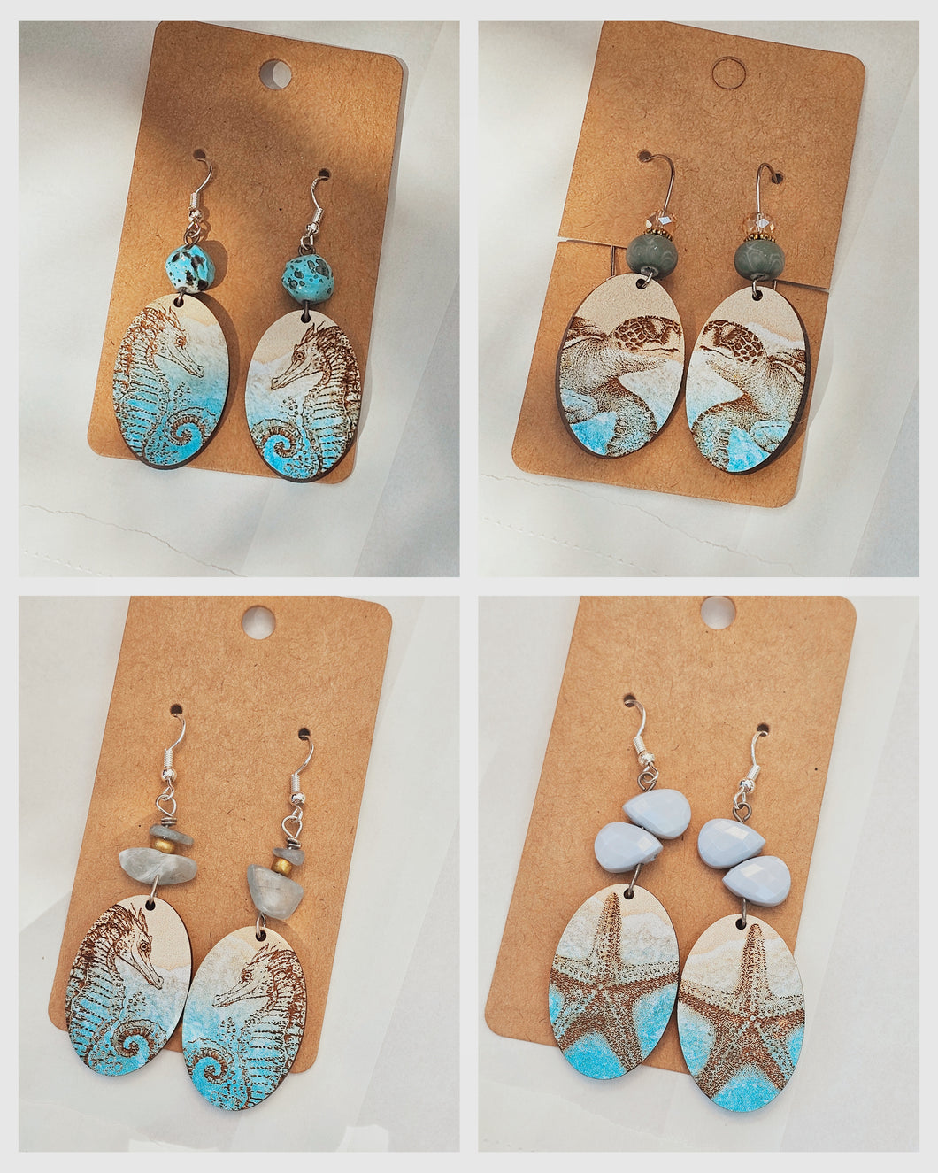 Oval wood sea animals with beaded connector.